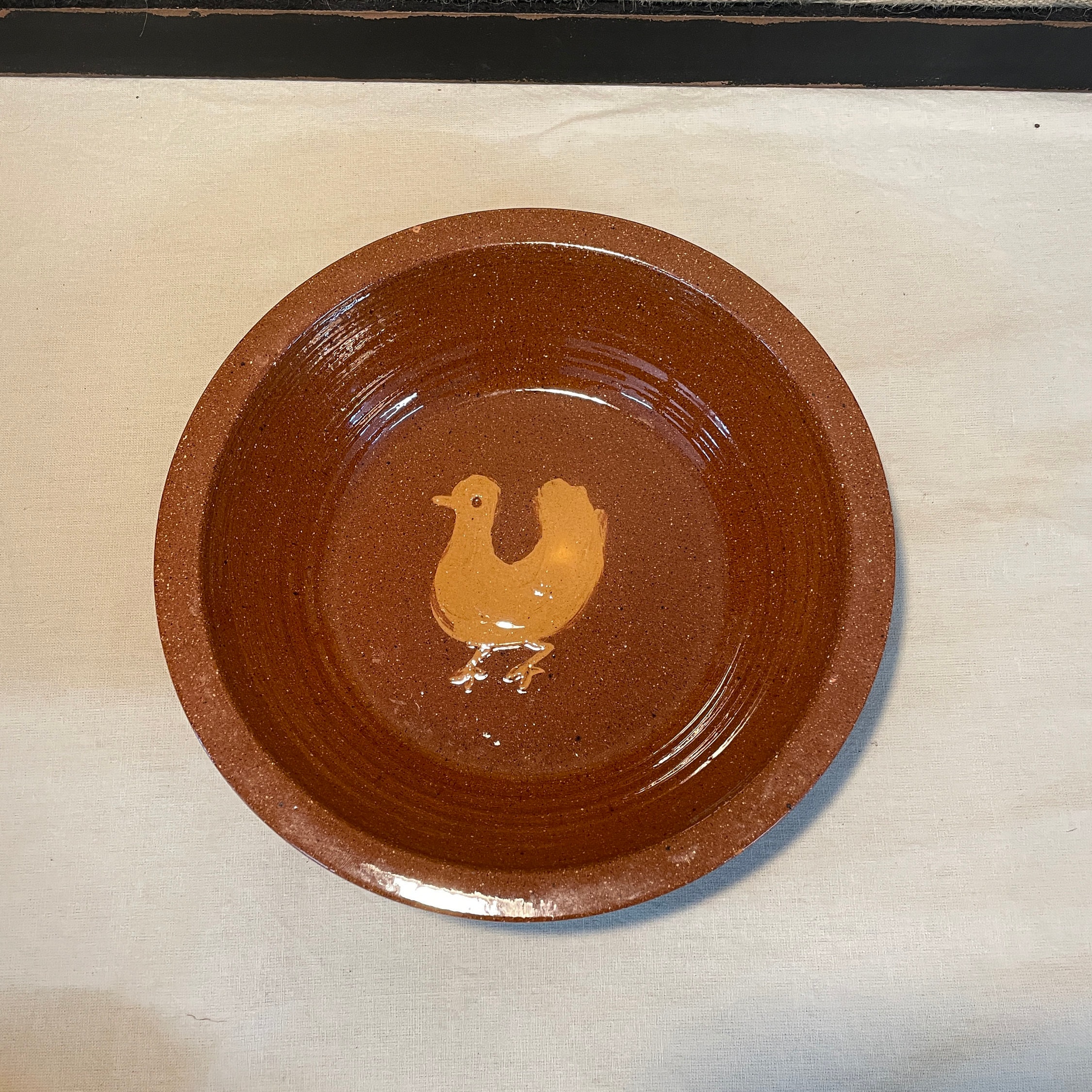 Vintage Jugtown Pottery Deep Dish Redware Bowl With Yellow Slip Chicken Decoration