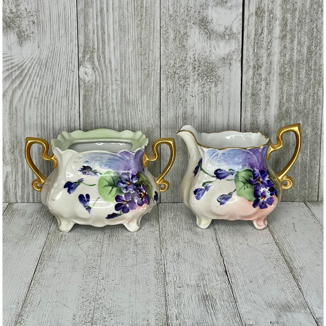 Hand Painted Porcelain Cream and Sugar Set Germany Violets - Etsy