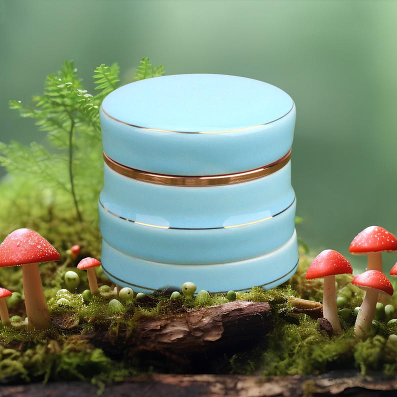May include: A light blue ceramic container with a gold trim. The container has a lid and is sitting on a bed of moss and mushrooms.