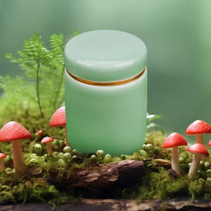 以下が含まれることがあります： 緑色のセラミック製の壺で、金色の蓋が付いています。苔の上に置かれ、赤いキノコに囲まれています。