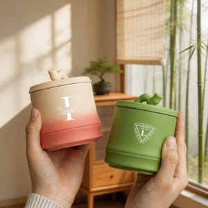Può includere: Due barattoli cilindrici in ceramica con coperchi dotati di manico a forma di bambù. Il barattolo a sinistra ha una sfumatura da crema a corallo con la lettera I e il nome Isaac. Il barattolo a destra è verde tinta unita con una L bianca in un triangolo.