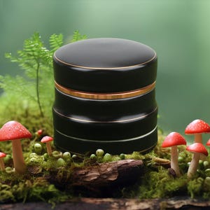 May include: A black cylindrical container with gold trim sits on a bed of moss and mushrooms. The container has a lid and appears to be made of wood or ceramic.