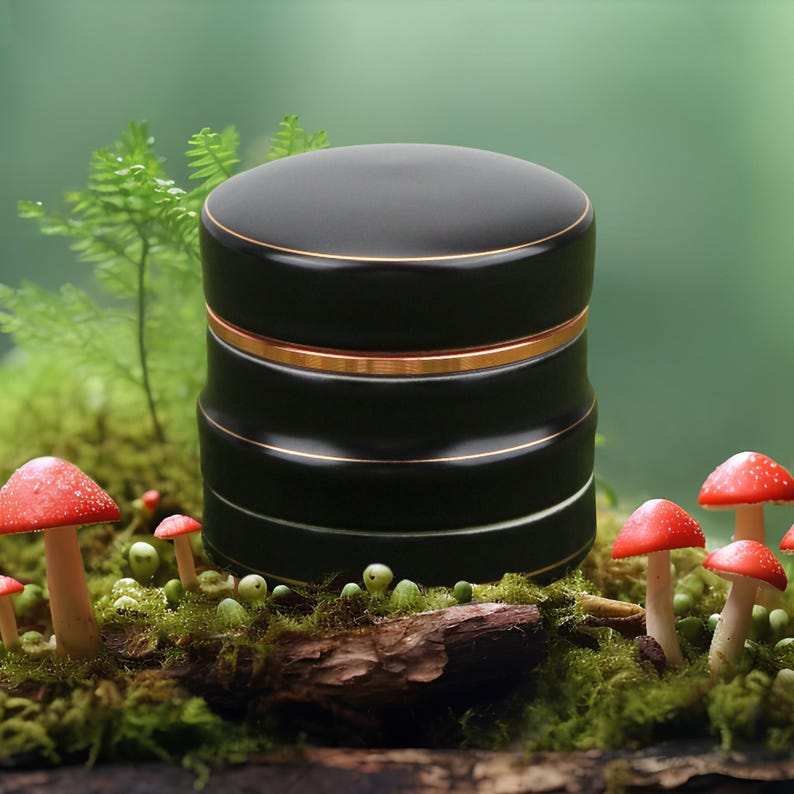 May include: A black cylindrical container with gold trim sits on a bed of moss and mushrooms. The container has a lid and appears to be made of wood or ceramic.