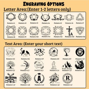 May include: A chart titled ENGRAVING OPTIONS displaying two sections. The Letter Area shows 14 black line-art frames for 1-2 letters. The Text Area shows 17 black graphic designs including animals, trees, mountains, and text for custom engraving.