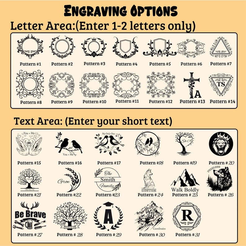 May include: A chart titled ENGRAVING OPTIONS displaying two sections. The Letter Area shows 14 black line-art frames for 1-2 letters. The Text Area shows 17 black graphic designs including animals, trees, mountains, and text for custom engraving.