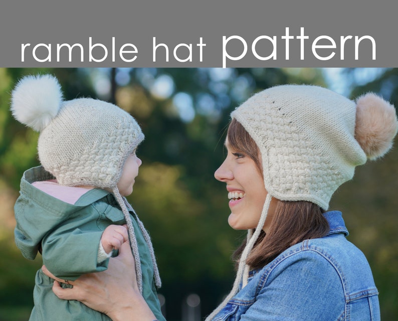Ramble Hat PDF PATTERN baby to adult sizes cabled, hat, earflap, ties, cap, beanie, slouch, pom, knitting, knit, match me, matching image 1
