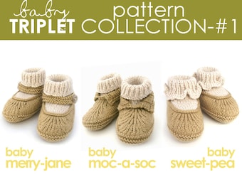 The Baby Triplet Pattern Collection 1:  Moc-a-Soc, Merry-Jane, & Sweet-Pea Bootie PATTERNS - set, collection, sock, baby shower, gift, knit