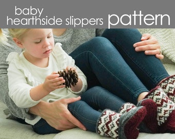 Baby Hearthside Slippers PDF PATTERN - XS (S, M, L) - child, bootie, house shoe, cozy, comfy, cuff, colorwork, stranded, knitting, knit,