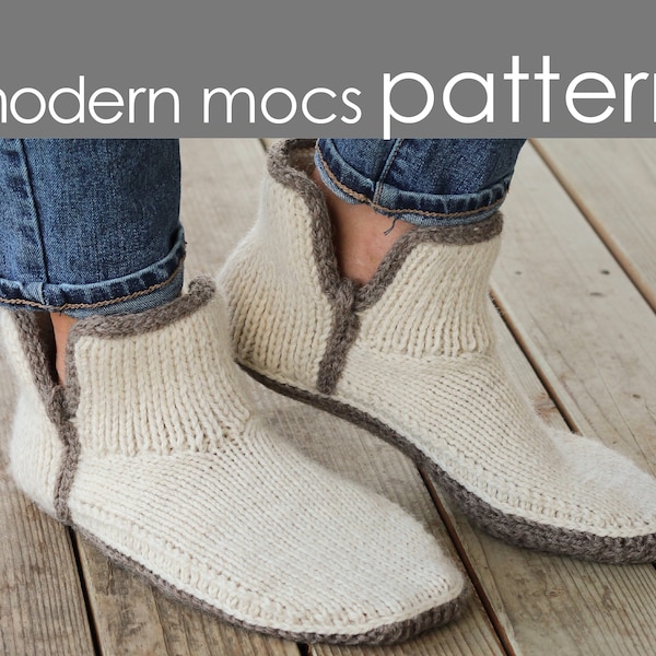 Modern Mocs PDF PATTERN - s (m, l, xl, xxl) - slipper, moccasin, boot, mule, cozy, sole, cuff, gift, knitting, knit