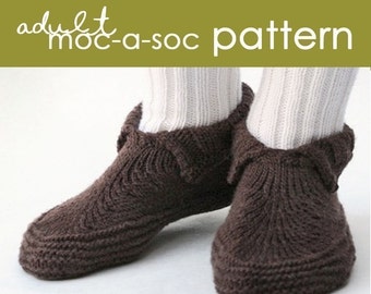 Adult Moc-a-Soc PDF Pattern - (xs, s, m, l, xl, xxl) - slipper, moccasin, sock, shoe, cozy, gift, knitting, knit