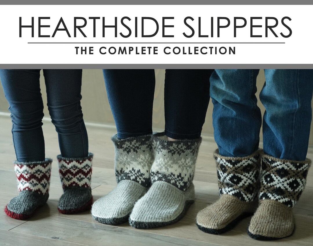 Hearthside Slippers Collection Adult Child and Baby Sized PATTERNS Set Multiple Sizes Booties Slippers Gift Colorwork Cuff Lined Etsy