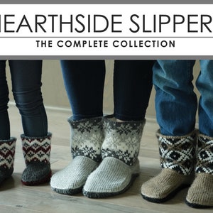 Hearthside Slippers Collection: Adult, Child, and Baby sized PATTERNS - set, multiple sizes, booties, slippers, gift, colorwork, cuff, lined