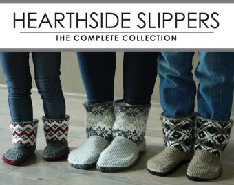 Hearthside Slippers Collection: Adult, Child, and Baby sized PATTERNS - set, multiple sizes, booties, slippers, gift, colorwork, cuff, lined