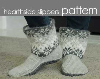 Hearthside Slippers PDF PATTERN - s (m, l, xl, xxl) - boot, mule, house shoe, cozy, comfy, sole, cuff, colorwork, stranded, knitting, knit,