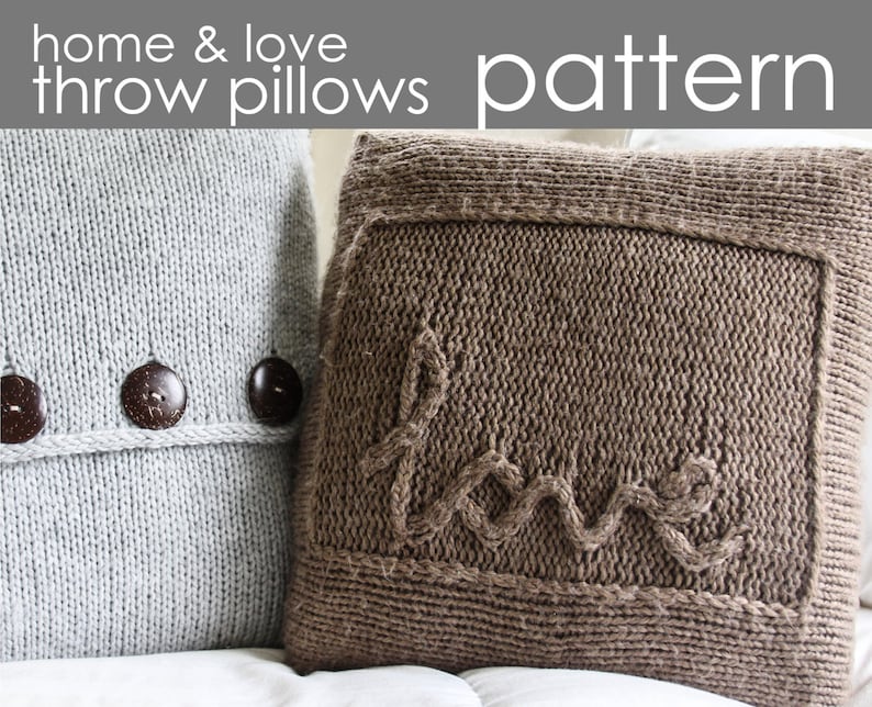 Home & Love Throw Pillows PDF PATTERN 13x13 15x15 cabled lettering, stockinette, wording, gift, trendy, buttons, knitting, knit image 1
