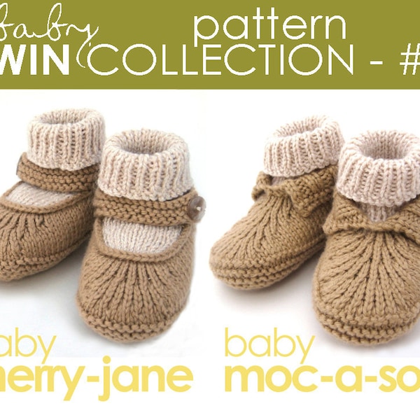 The Baby Twin Pattern Collection 1:  Moc-a-Soc and Merry-Jane Bootie PATTERNS - bootie, booties, sock, baby shower, gifts, boy, girl, knit