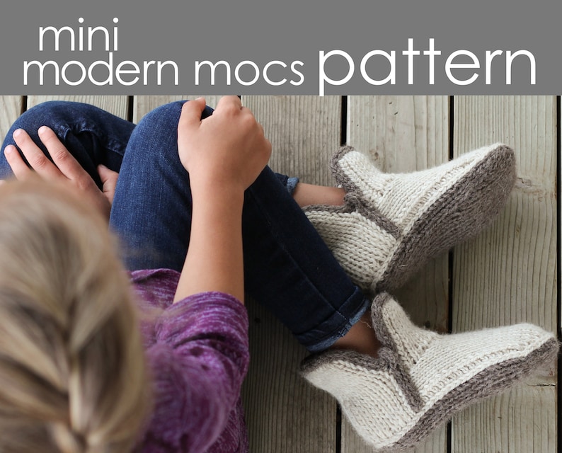 Mini Modern Mocs PDF PATTERN XS S, M, L slipper, moccasin, boot, mule, cozy, sole, cuff, gift, Christmas, holiday, knitting, knit, image 1