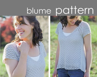Blume PDF PATTERN - XS-4X (31"-58" bust) - lace, fingering, knit, tee, shirt, adult, teen, ladies, v neck, hi lo, sloped hem, raglan, cap