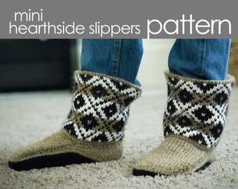 Mini Hearthside Slippers PDF PATTERN - XS (S, M, L) - child, bootie, house shoe, cozy, comfy, cuff, colorwork, stranded, knitting, knit,