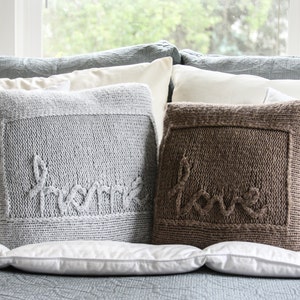 Home & Love Throw Pillows PDF PATTERN 13x13 15x15 cabled lettering, stockinette, wording, gift, trendy, buttons, knitting, knit image 2