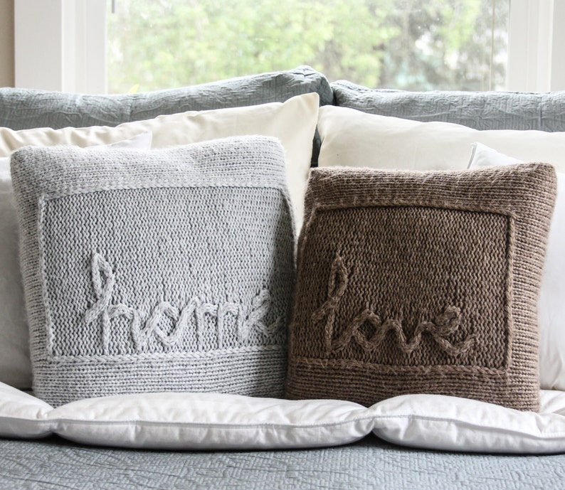 Home & Love Throw Pillows PDF PATTERN 13x13 15x15 cabled lettering, stockinette, wording, gift, trendy, buttons, knitting, knit image 2