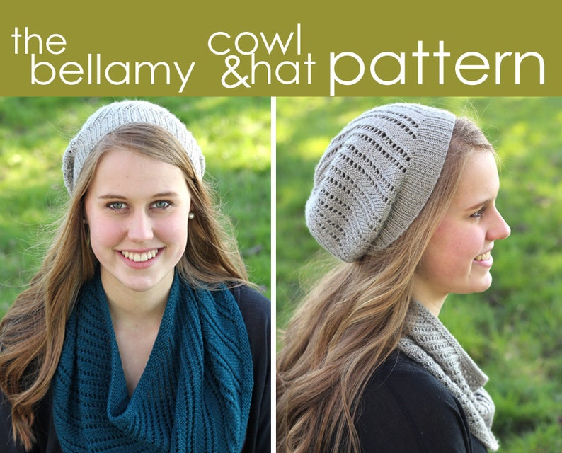 The Bellamy Cowl and Hat PDF PATTERN 2 cowl & 3 hat sizes tam, slouchy, beanie, scarf, matching, set, lace, swirl, knitting, knit, gift image 1