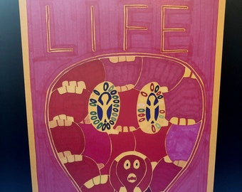Outsider Art Brut Signed Art Print, 'Life', Unusual Wall Art Print, Strange Poster Print, Orange, Jay Snelling, Figures, Mouths Secret Santa