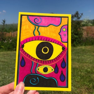 Carte postale artistique - format A6, écoutez les yeux, petit imprimé outsider, décoration d'intérieur, art brut, carte postale. Abstrait. Art populaire, Post-traversée