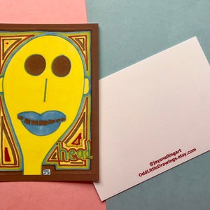 Postal Ilustrada - Tamaño A6, Ilustración de la cabeza, Impresión pequeña forastera, Decoración del hogar, Art Brut, Postal, Guardería. Tarjeta de Navidad alternativa