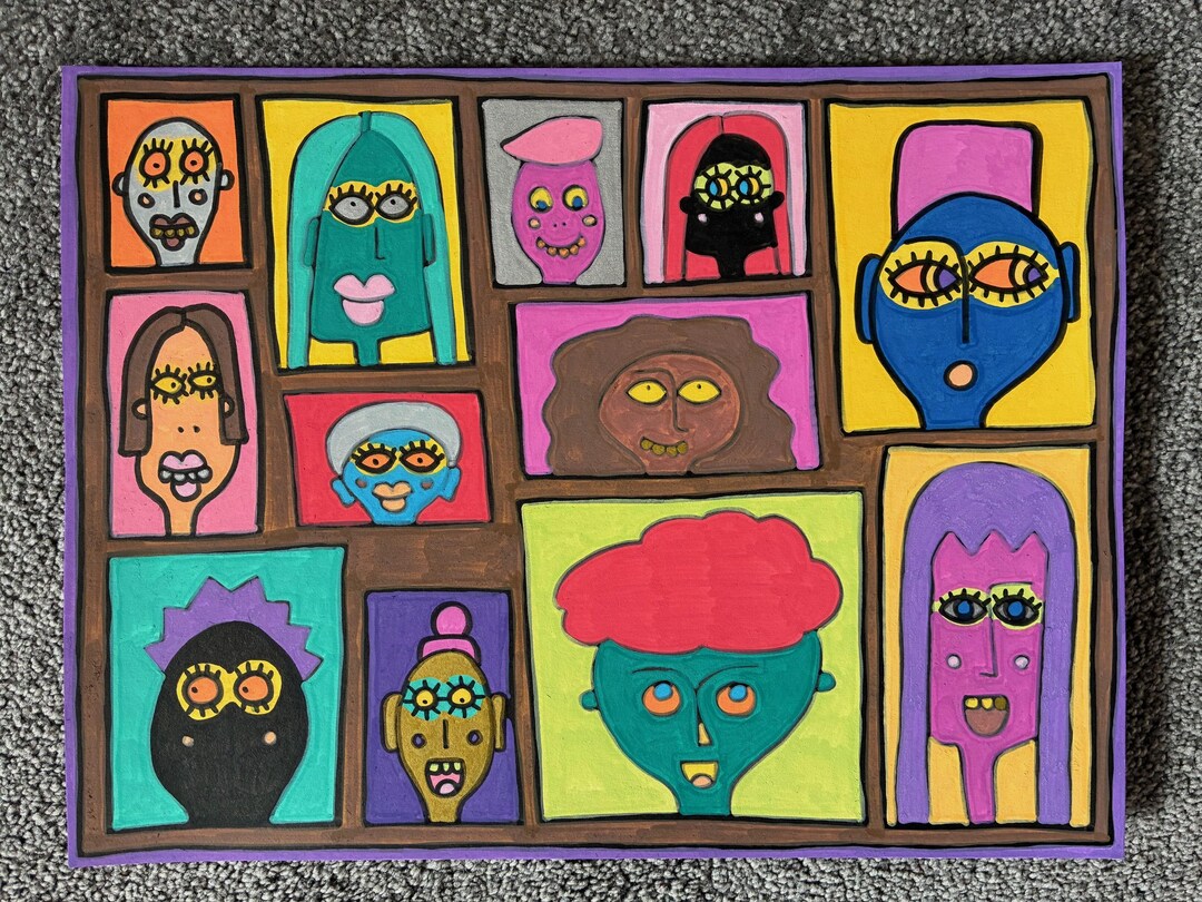 Original Painting – Colourful Faces Grid – Abstract Portrait – Outsider ...