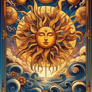May include: A stylized illustration of a sun with a human face, surrounded by clouds and waves. The sun is depicted in shades of gold and yellow, with a detailed face and closed eyes. The clouds are white and fluffy, while the waves are blue and green.
