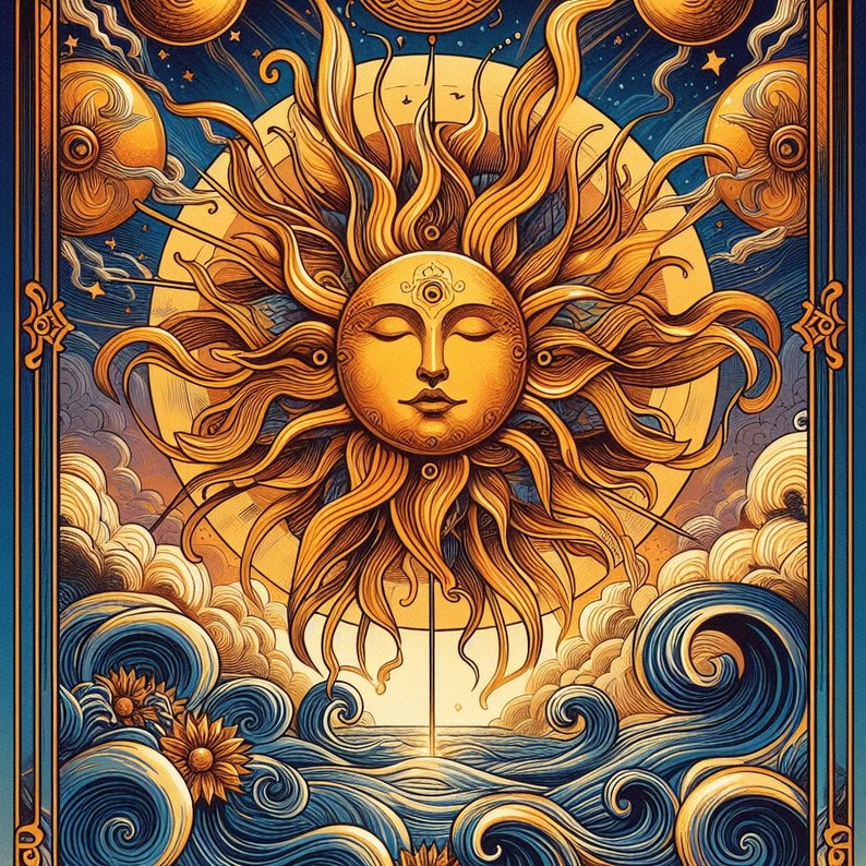 May include: A stylized illustration of a sun with a human face, surrounded by clouds and waves. The sun is depicted in shades of gold and yellow, with a detailed face and closed eyes. The clouds are white and fluffy, while the waves are blue and green.