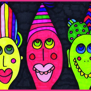 Cartolina d'arte - Sì, cappelli da festa!, Formato A6, Stampa Small Outsider, Art Brut, Cartolina. Compleanno e celebrazione. Jay Snell