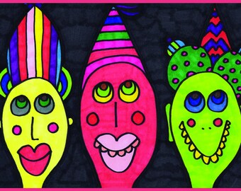 Art Postcard - Yeah, Party Hats!, A6 Size, Small Outsider Print, Art Brut, Postcard. Birthday and Celebration. Jay Snelling