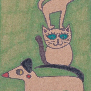 Tiny Art by Jay Snelling. Outsider Art Brut. Mini Drawing. ACEO. ATC. Cat Dog Tower... Little Original Art Piece.