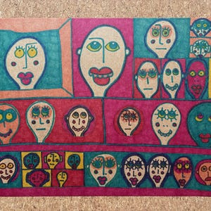Faces in Boxes – Original A4 Ink Drawing on Brown Card