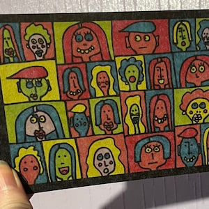 Kunstpostkarte - Freunde, A6 Größe, kleiner Außenseiter, Art Brut, Postkarte. Vielfalt. Bunt. Jay Snelling