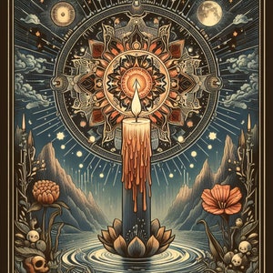 May include: A dark blue candle with orange wax dripping down, surrounded by a mandala design and stars. The candle is floating in a pool of water with a lotus flower beneath it.
