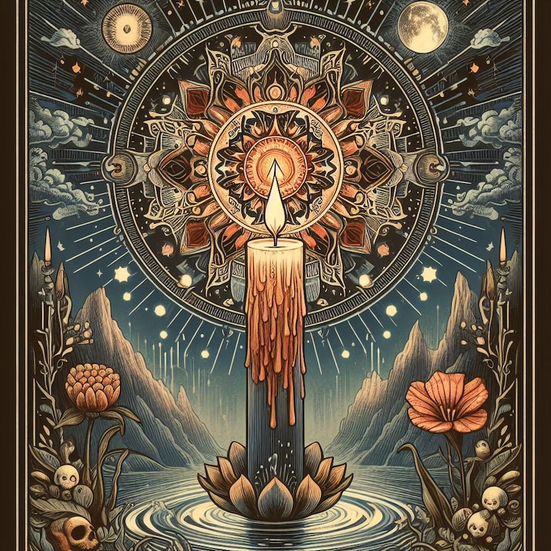 May include: A dark blue candle with orange wax dripping down, surrounded by a mandala design and stars. The candle is floating in a pool of water with a lotus flower beneath it.