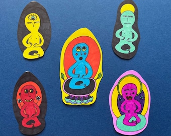 Set of 5 ORIGINAL Art Meditating Figures Stickers. Hand-Made, One of a Kind Stickers. Outsider Art Brut by Jay Snelling. Unique