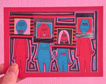 Art Postcard - A6 Size, Boxheads, Small Outsider Print, Home Decor, Art Brut, Postcard.