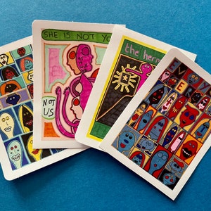 Sticker art exhibition! Four different stickers. Outsider art by Jay Snelling. Art brut stickers