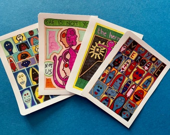 Sticker art exhibition! Four different stickers. Outsider art by Jay Snelling. Art brut stickers