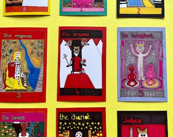 Set of printed tarot cards in organza bag. 22 cards (full Major Arcana). Outsider Art Brut