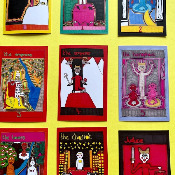 Set of printed tarot cards in organza bag. 22 cards (full Major Arcana). Outsider Art Brut