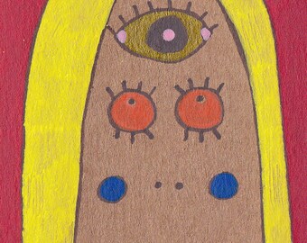 Tiny Art by Jay Snelling. Outsider Art Brut. Mini Painting. ACEO. ATC. Third Eye... Little Original Art Piece.