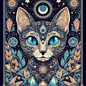 May include: A stylized illustration of a cat with intricate blue, gold, and white patterns. The cat's eyes are large and blue, and its face is framed by a crescent moon and stars. The background is a dark blue with floral and geometric designs.