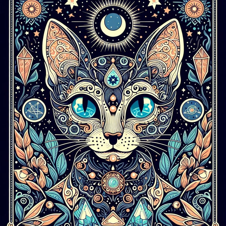 May include: A stylized illustration of a cat with intricate blue, gold, and white patterns. The cat's eyes are large and blue, and its face is framed by a crescent moon and stars. The background is a dark blue with floral and geometric designs.