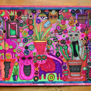 Art original de chat - encre sur carton - chats fantaisistes brillants avec plantes - 30,5 x 30,5 cm - art brut/art brut par Jay Snelling