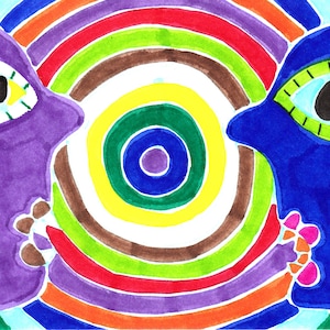 Dibujo/pintura original de Jay Snelling - Outsider Art Brut - Obra de arte inusual - Firmado. Caras. Dibujo Geométrico